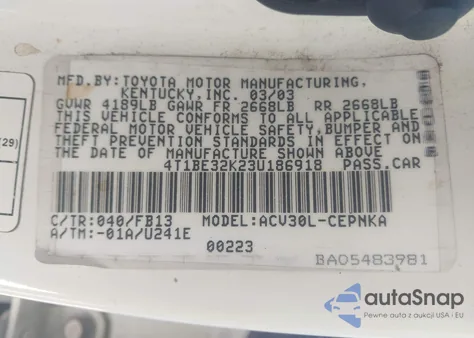 2003 Toyota Camry Le из США, поврежденный, VIN 4T1BE32K23U186918